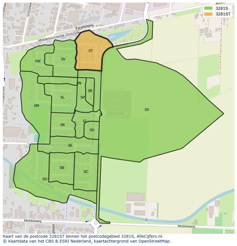 Afbeelding van het postcodegebied 3281 ST op de kaart.