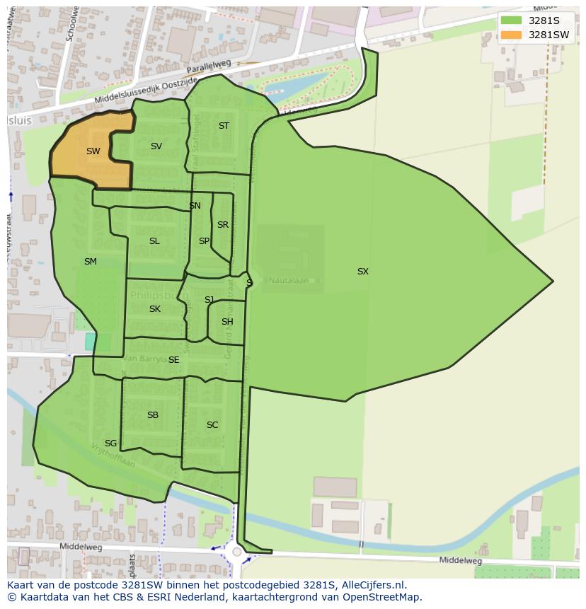 Afbeelding van het postcodegebied 3281 SW op de kaart.