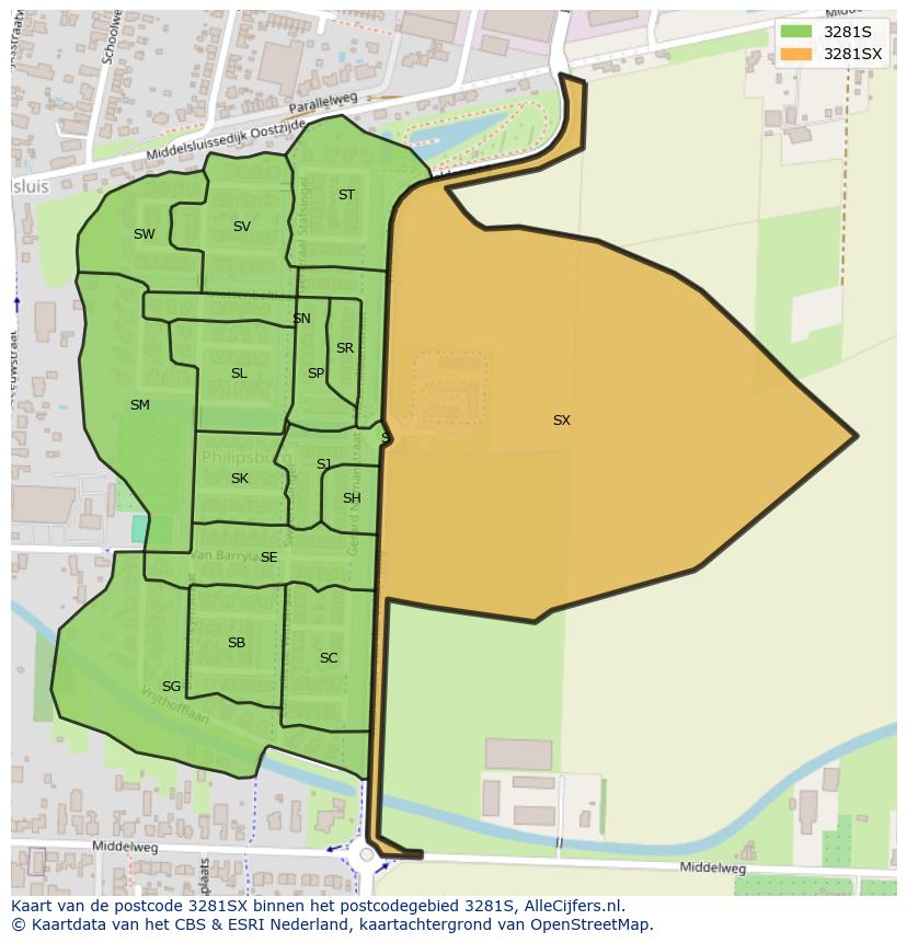 Afbeelding van het postcodegebied 3281 SX op de kaart.