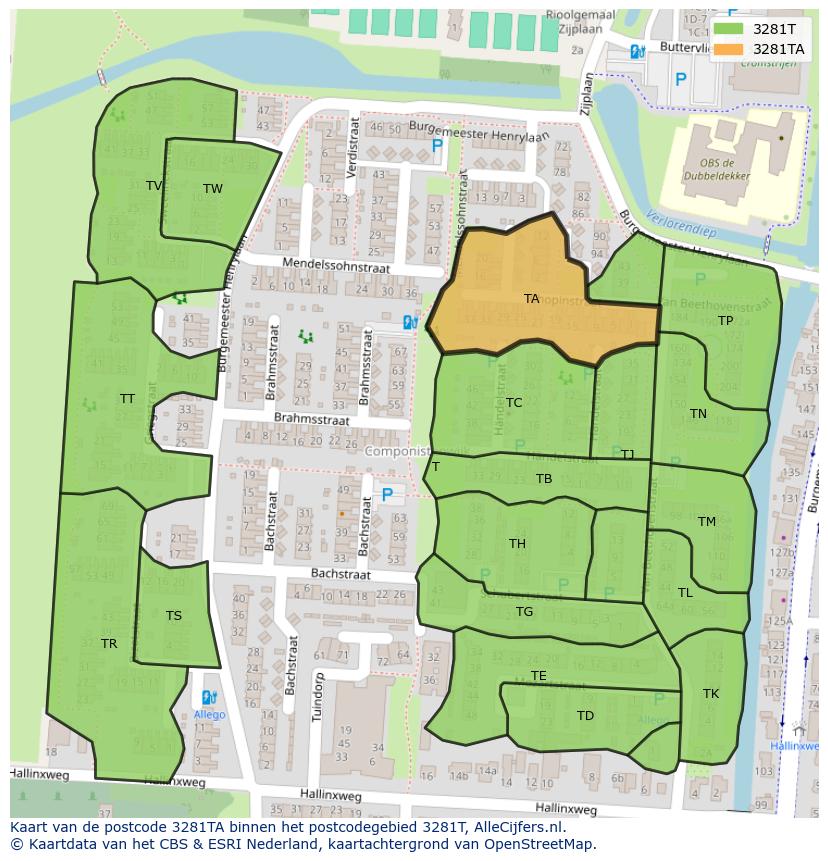 Afbeelding van het postcodegebied 3281 TA op de kaart.