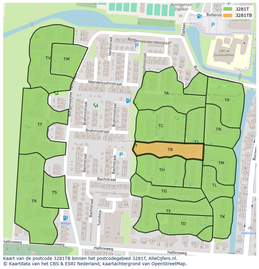 Afbeelding van het postcodegebied 3281 TB op de kaart.