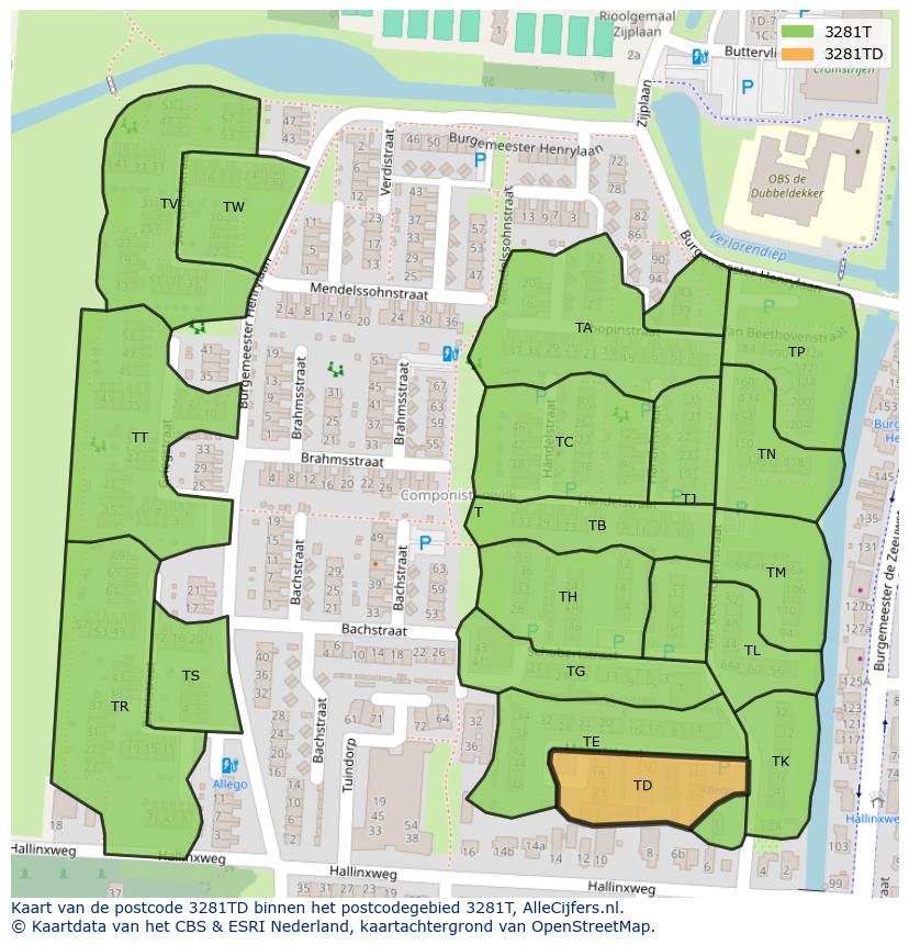 Afbeelding van het postcodegebied 3281 TD op de kaart.