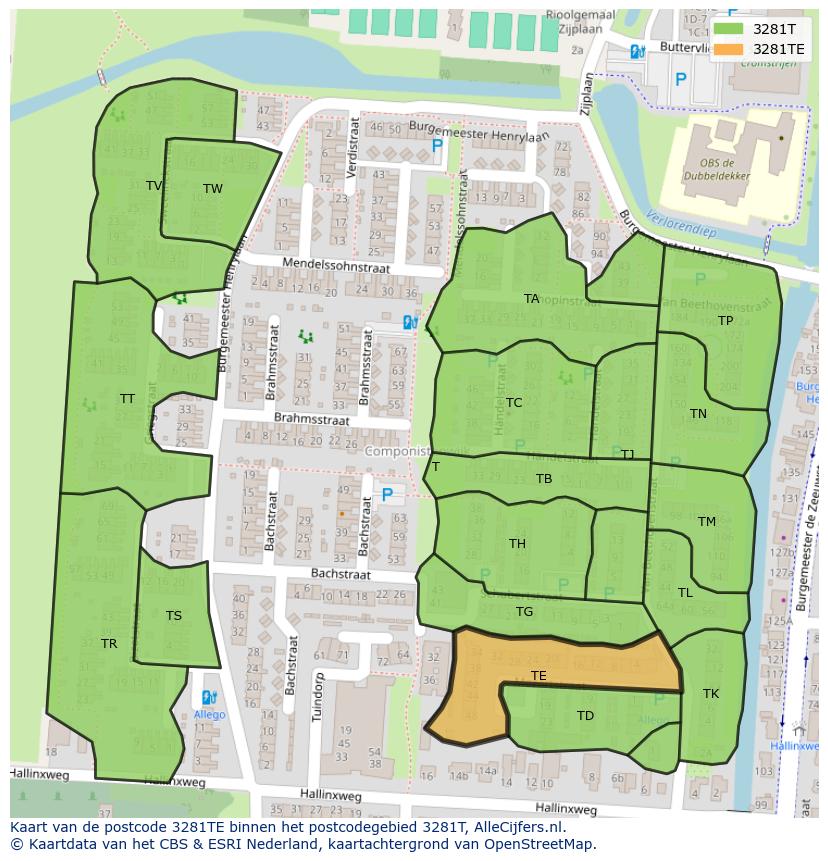 Afbeelding van het postcodegebied 3281 TE op de kaart.
