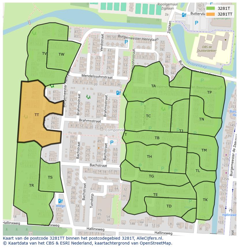 Afbeelding van het postcodegebied 3281 TT op de kaart.