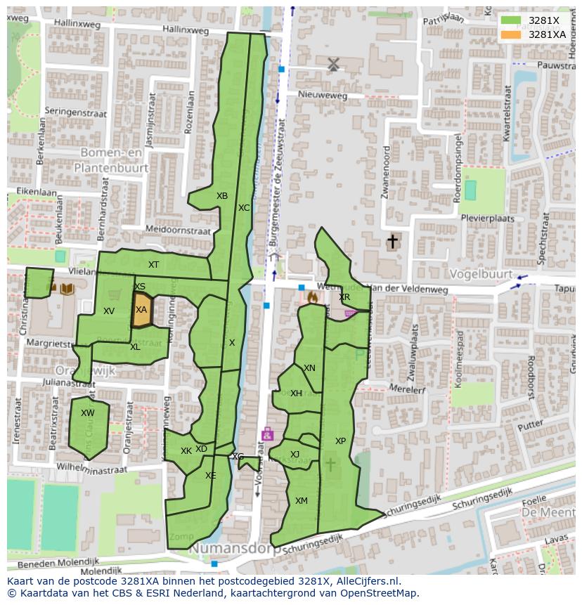 Afbeelding van het postcodegebied 3281 XA op de kaart.