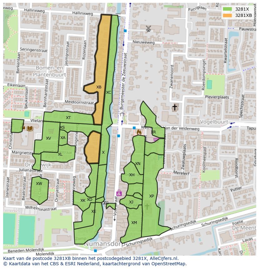 Afbeelding van het postcodegebied 3281 XB op de kaart.