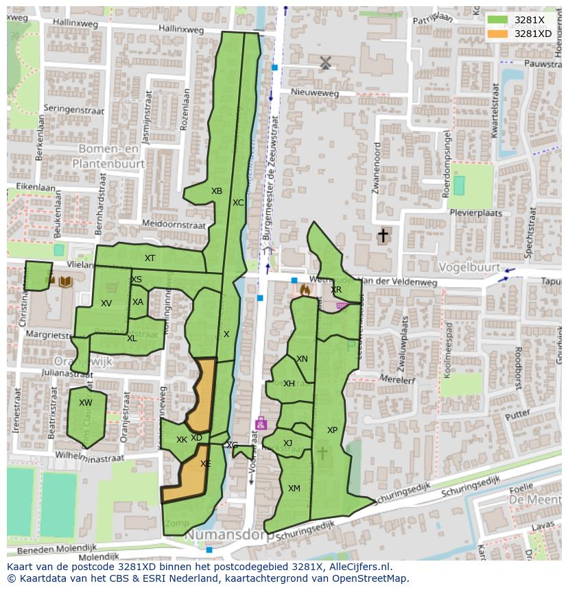Afbeelding van het postcodegebied 3281 XD op de kaart.