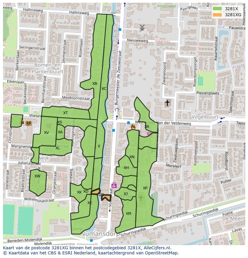 Afbeelding van het postcodegebied 3281 XG op de kaart.