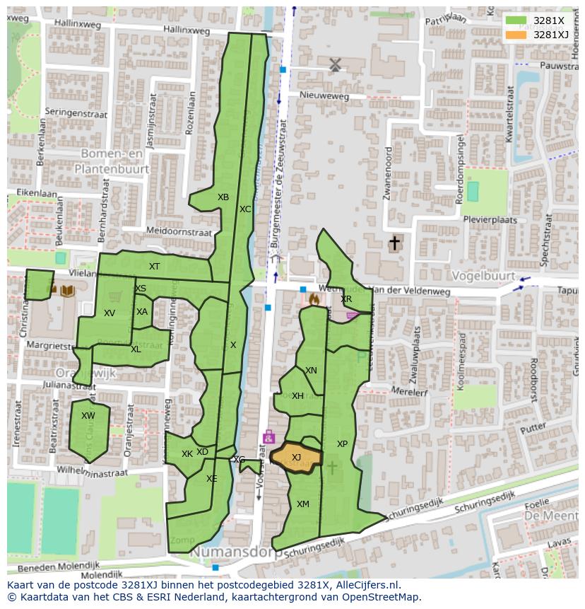 Afbeelding van het postcodegebied 3281 XJ op de kaart.