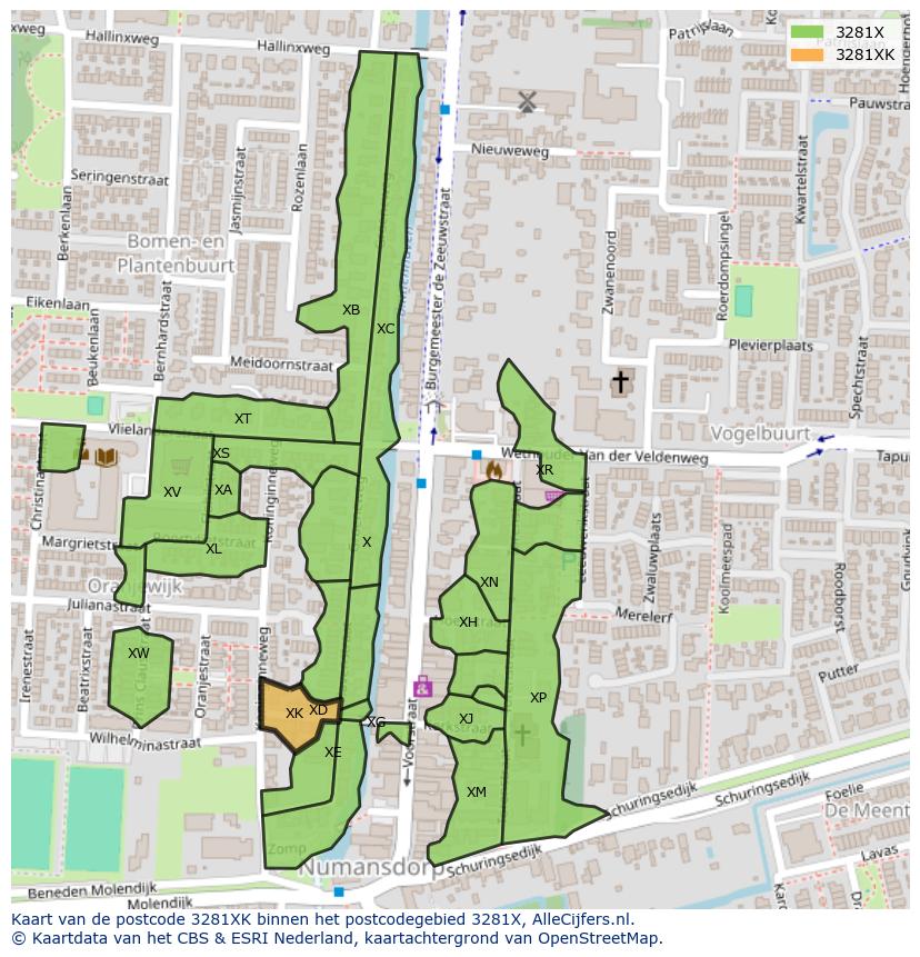 Afbeelding van het postcodegebied 3281 XK op de kaart.