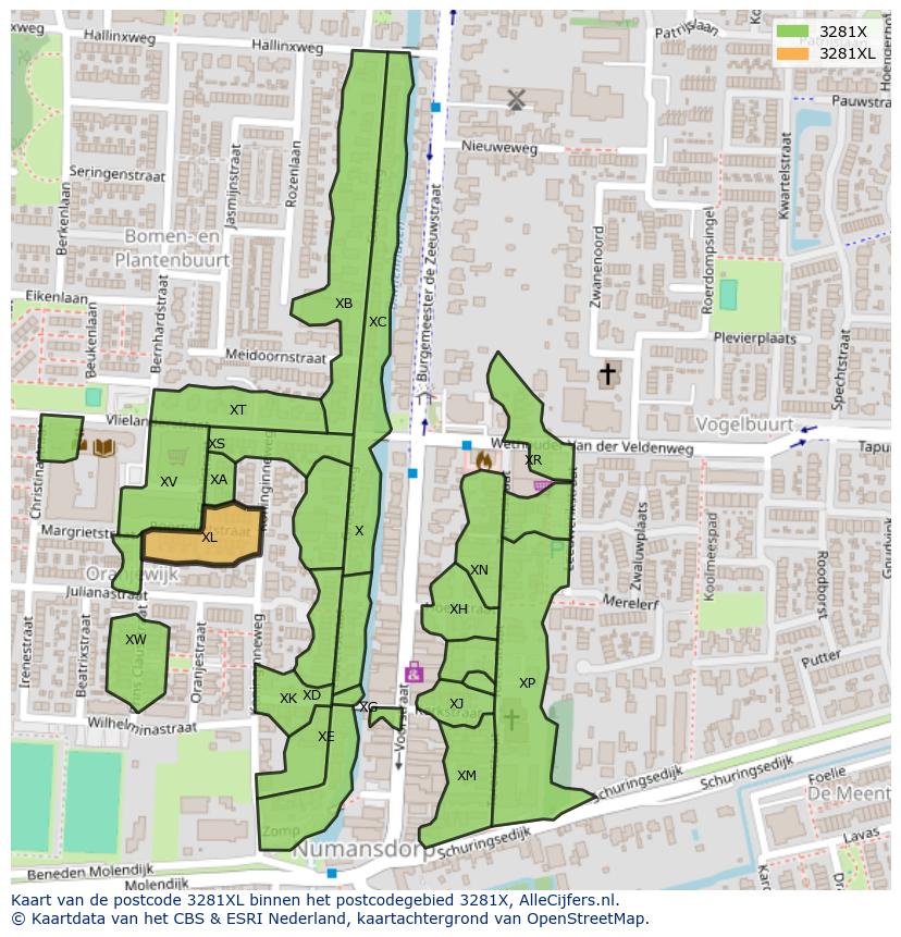 Afbeelding van het postcodegebied 3281 XL op de kaart.