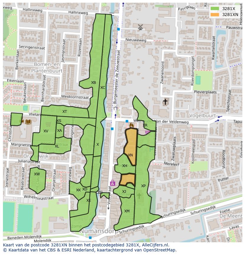 Afbeelding van het postcodegebied 3281 XN op de kaart.