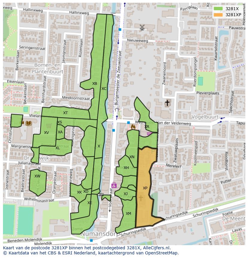 Afbeelding van het postcodegebied 3281 XP op de kaart.