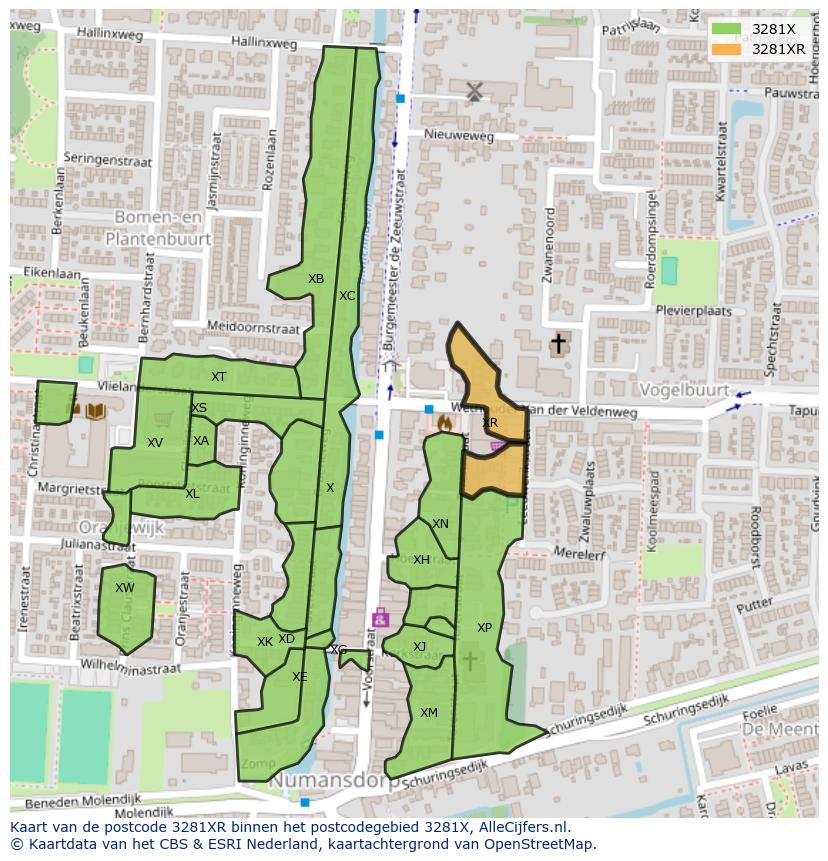 Afbeelding van het postcodegebied 3281 XR op de kaart.