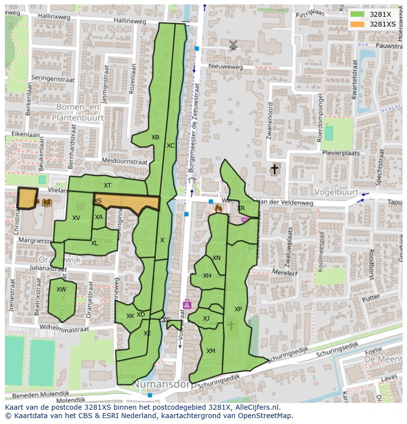 Afbeelding van het postcodegebied 3281 XS op de kaart.