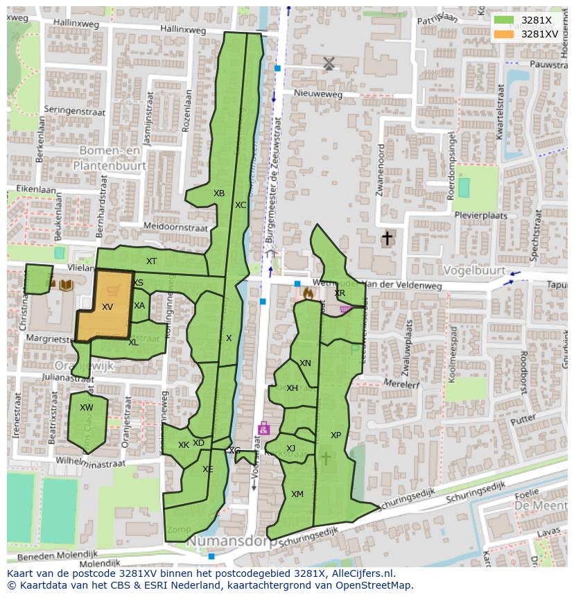 Afbeelding van het postcodegebied 3281 XV op de kaart.
