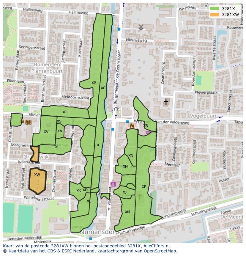 Afbeelding van het postcodegebied 3281 XW op de kaart.