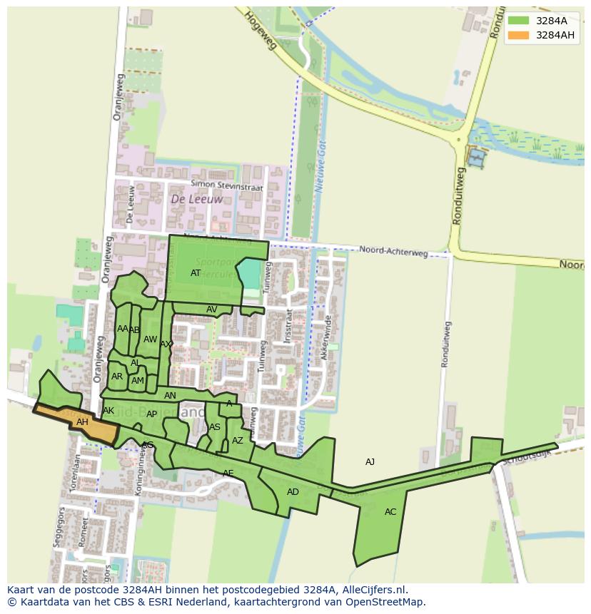 Afbeelding van het postcodegebied 3284 AH op de kaart.