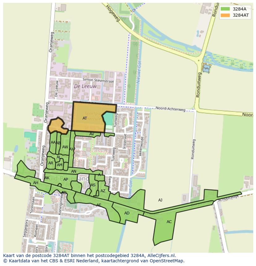 Afbeelding van het postcodegebied 3284 AT op de kaart.