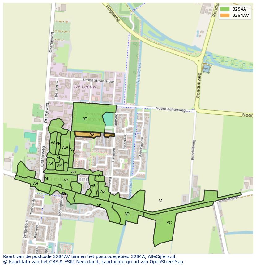 Afbeelding van het postcodegebied 3284 AV op de kaart.