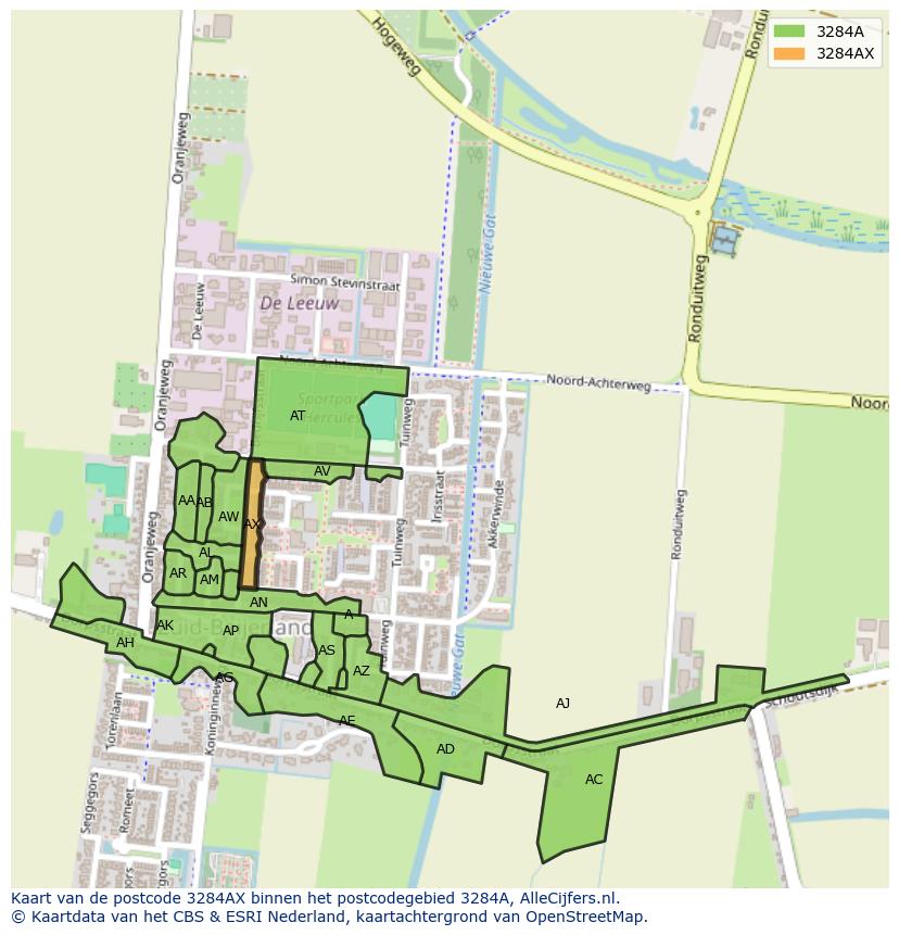Afbeelding van het postcodegebied 3284 AX op de kaart.