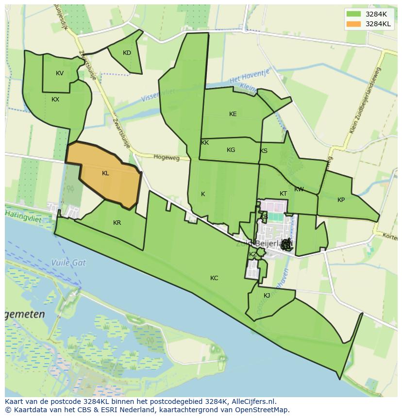 Afbeelding van het postcodegebied 3284 KL op de kaart.