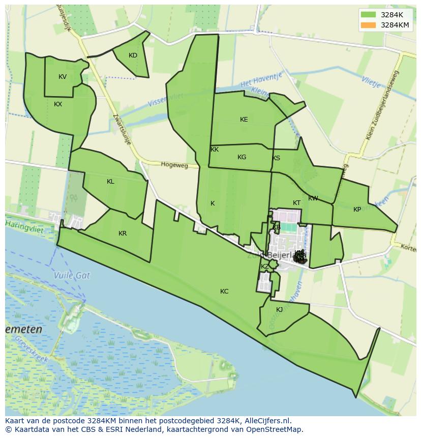 Afbeelding van het postcodegebied 3284 KM op de kaart.