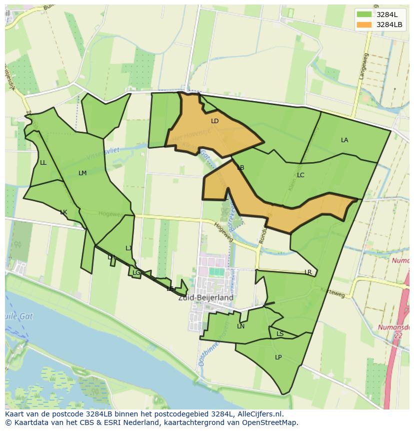 Afbeelding van het postcodegebied 3284 LB op de kaart.