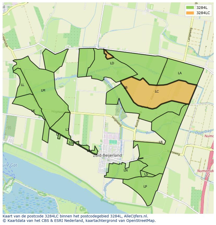 Afbeelding van het postcodegebied 3284 LC op de kaart.