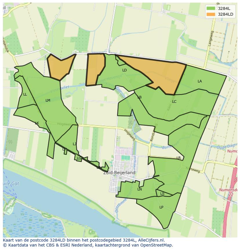 Afbeelding van het postcodegebied 3284 LD op de kaart.