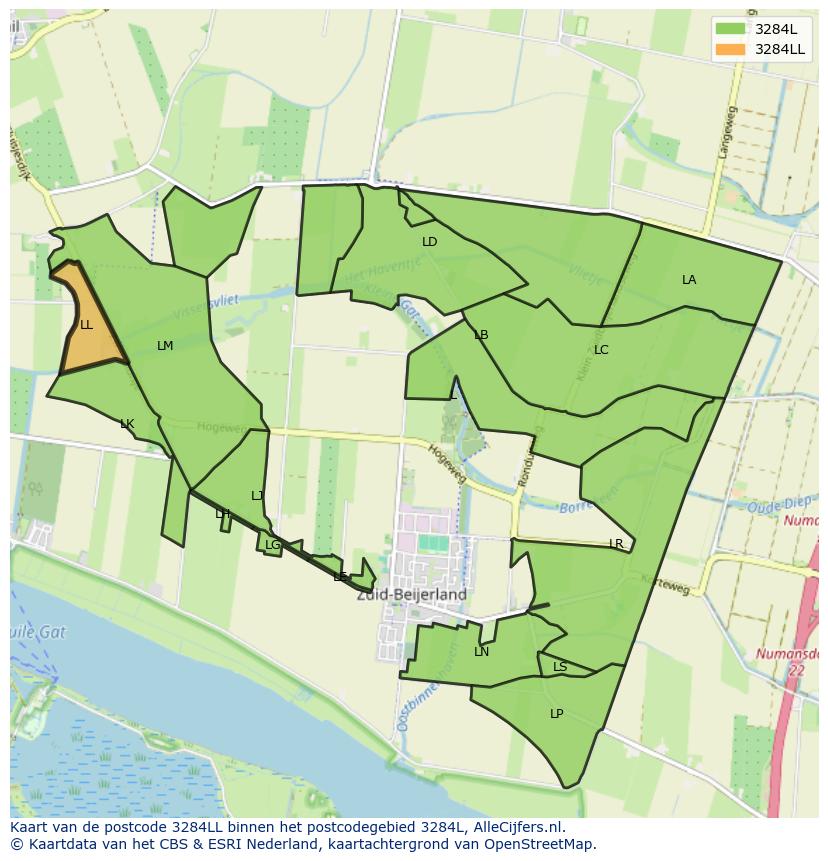 Afbeelding van het postcodegebied 3284 LL op de kaart.