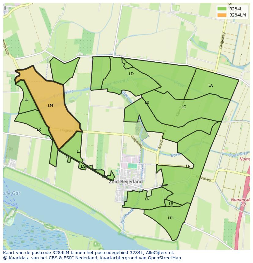 Afbeelding van het postcodegebied 3284 LM op de kaart.