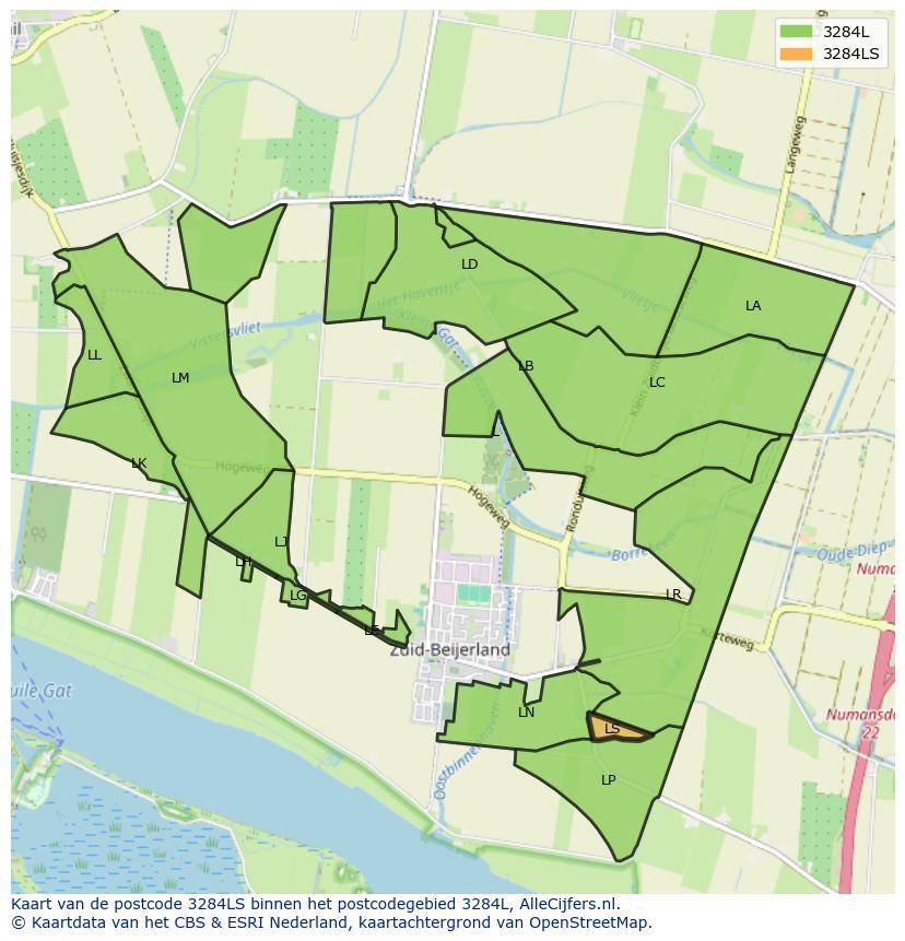 Afbeelding van het postcodegebied 3284 LS op de kaart.