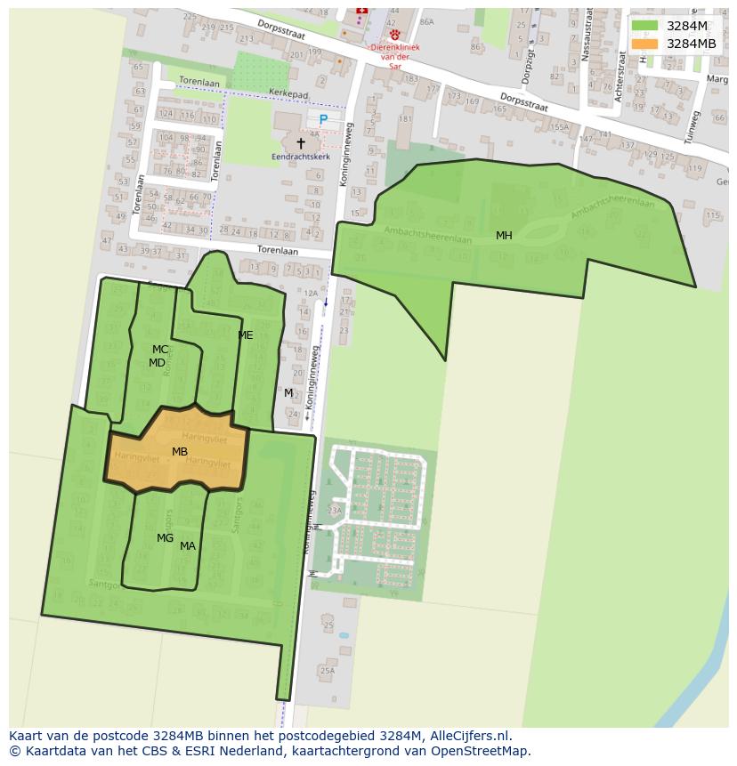 Afbeelding van het postcodegebied 3284 MB op de kaart.