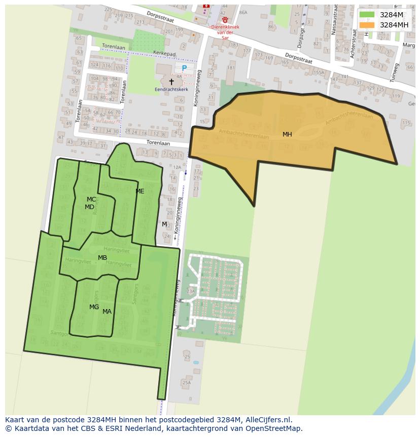 Afbeelding van het postcodegebied 3284 MH op de kaart.
