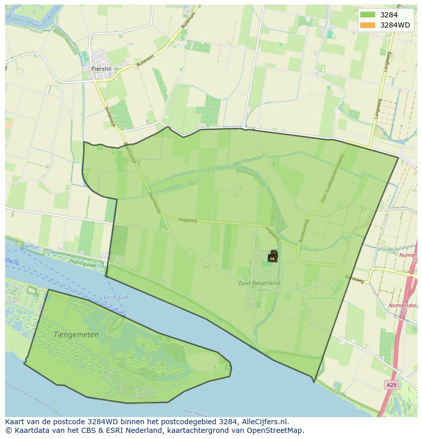 Afbeelding van het postcodegebied 3284 WD op de kaart.