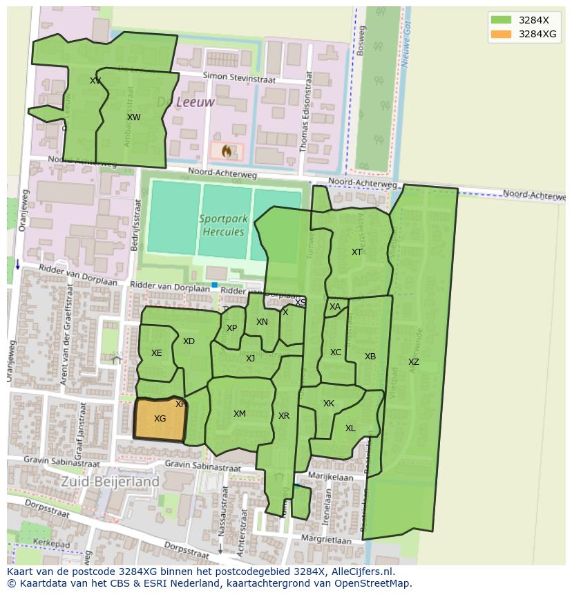 Afbeelding van het postcodegebied 3284 XG op de kaart.