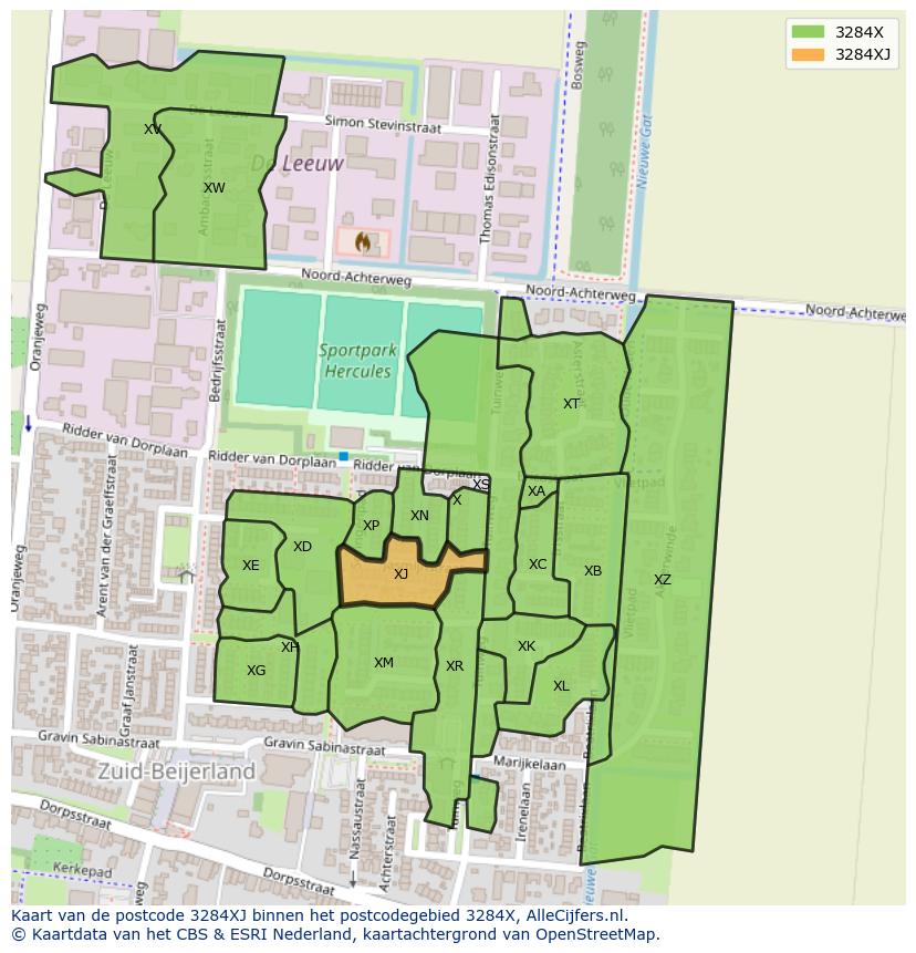 Afbeelding van het postcodegebied 3284 XJ op de kaart.