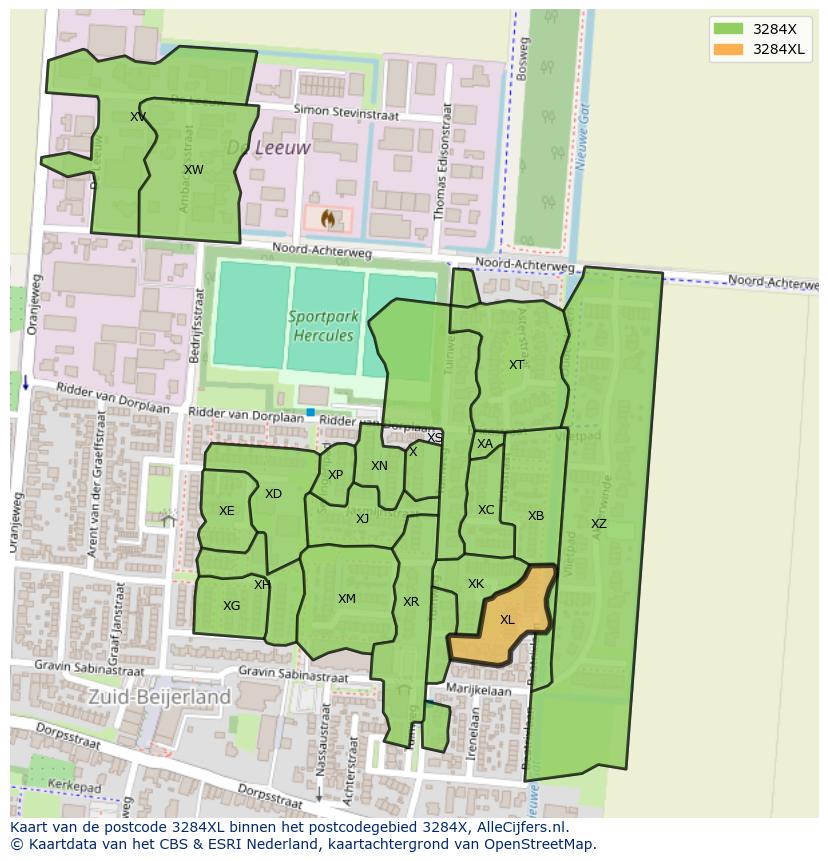 Afbeelding van het postcodegebied 3284 XL op de kaart.