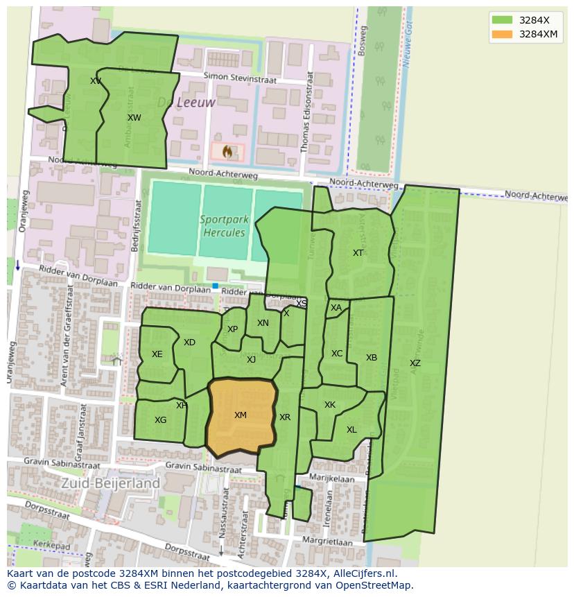 Afbeelding van het postcodegebied 3284 XM op de kaart.