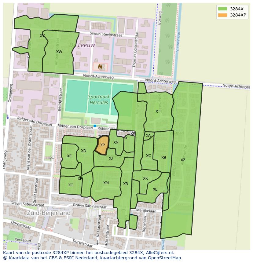 Afbeelding van het postcodegebied 3284 XP op de kaart.