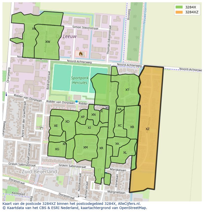 Afbeelding van het postcodegebied 3284 XZ op de kaart.
