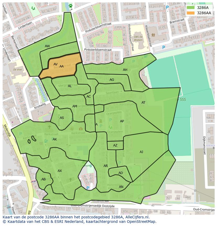 Afbeelding van het postcodegebied 3286 AA op de kaart.