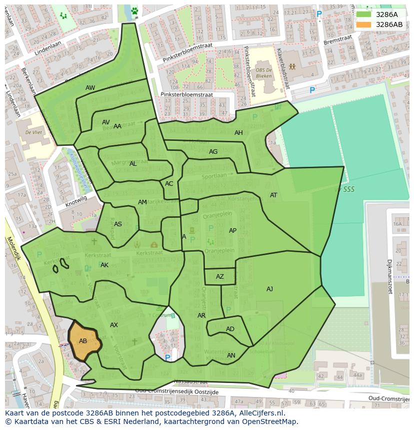 Afbeelding van het postcodegebied 3286 AB op de kaart.