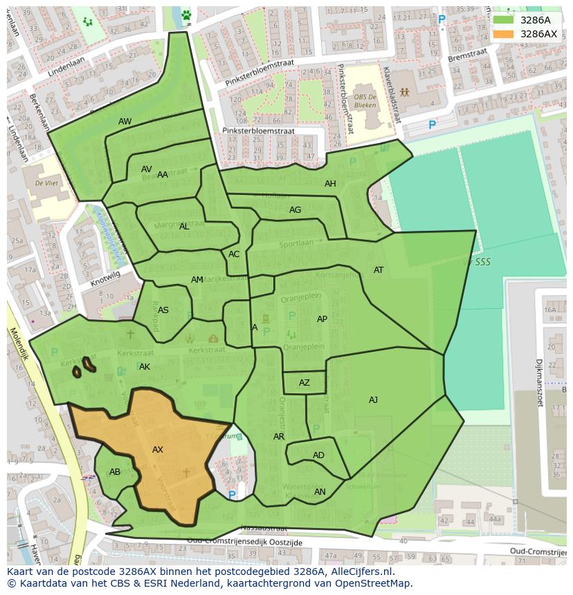 Afbeelding van het postcodegebied 3286 AX op de kaart.