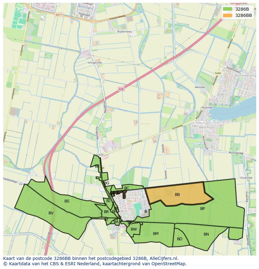 Afbeelding van het postcodegebied 3286 BB op de kaart.