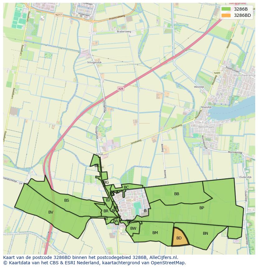 Afbeelding van het postcodegebied 3286 BD op de kaart.