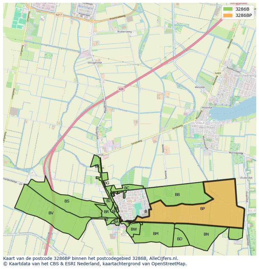 Afbeelding van het postcodegebied 3286 BP op de kaart.