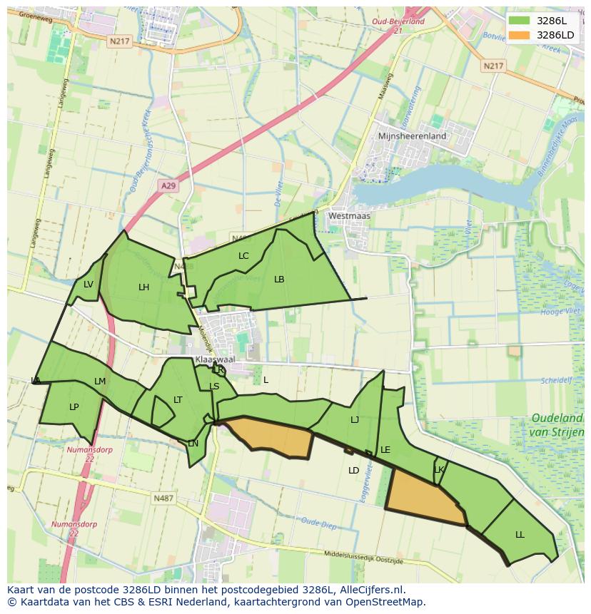 Afbeelding van het postcodegebied 3286 LD op de kaart.