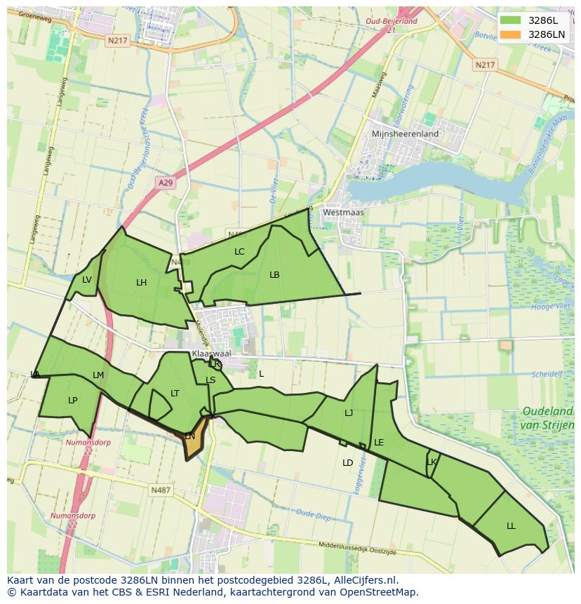 Afbeelding van het postcodegebied 3286 LN op de kaart.